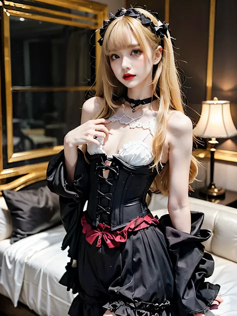 raw photo, 8k, (top-quality), Realistic, (real picture, Intricate details), (natural skin texture, detailed skin, hyper realism, sharpness), (((flat chest:1.5))), ((corset dress with black and purple, gothic decorative corset)), (pale skin:1.3, slender bod...