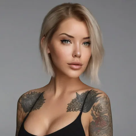 Generate a 515px X 512px photo-realistic AI image of a model adorned with intricate full-body tattoos, showcasing a combination of elegance and artistic expression in a studio setting. Capture the details of the tattoos and the models pose with stunning re...