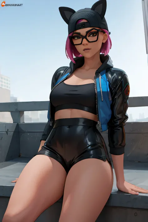 gafas de lince, chaqueta azul con negro, latex shorts with white leggings