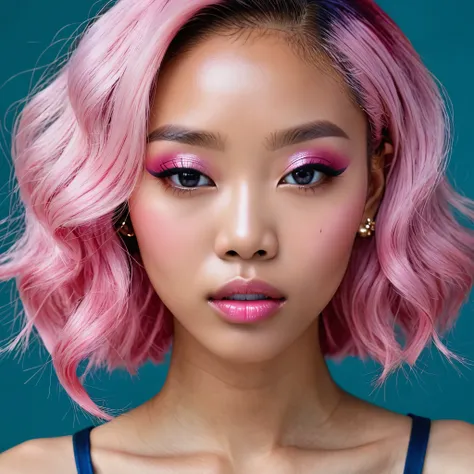 a closeup art photo of a woman, pale pink lipgloss, dark pink eye shadow. Pale-skinned Korean model. with Nigerian parents. mixed-race woman. light-skin blasian. Beautiful, glamorous. Expressionless face, eye contact. pink and blue hair