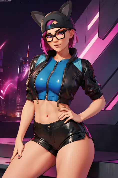 gafas de lince, chaqueta azul con negro, latex shorts, neon, pose femenino, ojos hermosos gafas