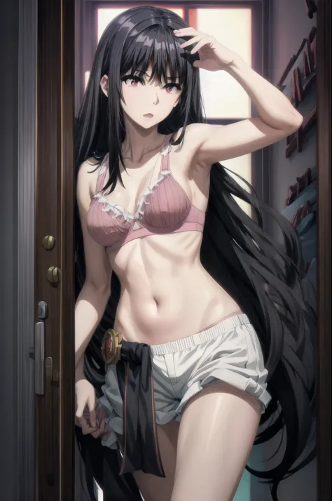 1girl,black hair,red eyes,medium breast,narrow waist,pink bra,pink underwear,standing straight,in the room
