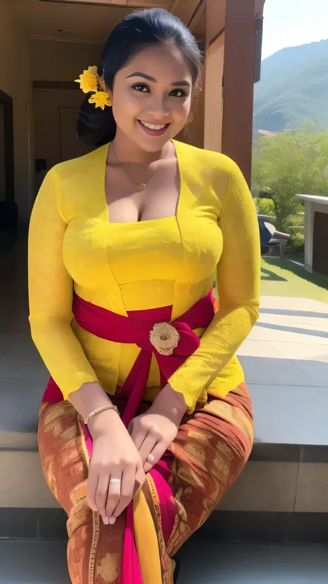 1girl, (yellow_kebaya_bali), (kebaya_bali), sunlight, sitting, nature, outdoors, detailed face, detailed eyes, chubby breasts, chubby body, Big full butt, arms proportional to her body, Big ass, big thighs, shiny skin, looking at the audience, (laughing cu...