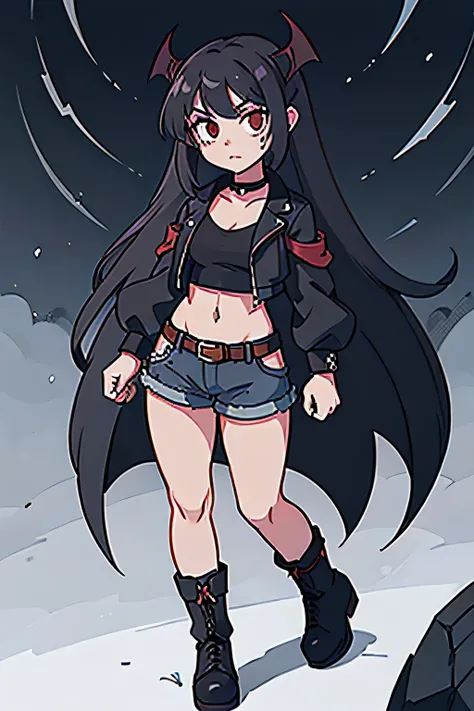 garota demonio de cabelo curto branco , wearing gothic clothes and platform boots, em estilo anime, make her have gray skin and red eyes, bat wings plus I want her to wear black denim shorts with a leather belt and chains attached to it. I also want her to...