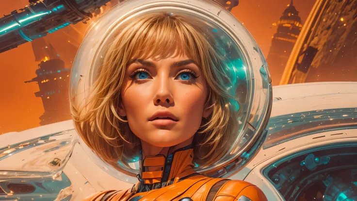 arafed image of a white woman in a futuristic suit with a spaceship in the background, movie art, in front of an orange background, inspired by Robert McGinnis, female protagonist, megastructure in the background, portrait of an ai astronaut, astronauts, a...