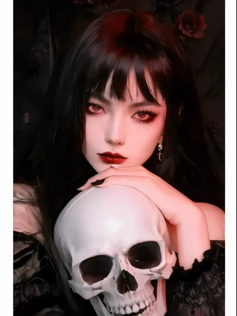 Arafed woman with a skull mask on her face., cruel korean gothic girl, gothic girl aesthetic, pale gothic beauty, gothic aesthetic, pale skin and dark eyes, 1 7 year old gothic girl, con ojos angustiados y cabello oscuro, gothic horror vibes, Gothic girl f...