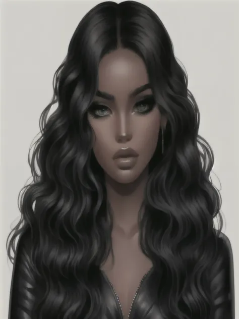 mujer con cabello largo y negro y ojos verdes, pelo largo y negro detallado, ( ( piel oscura ) ), pelo negro ondulado, piel oscura tone, Chica negro, pelo largo y rizado negro, piel oscura, in digital illustration style, oveja, cara realista detallada, pel...