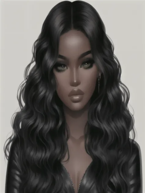 mujer con cabello largo y negro y ojos verdes, pelo largo y negro detallado, ( ( piel oscura ) ), pelo negro ondulado, piel oscura tone, Chica negro, pelo largo y rizado negro, piel oscura, in digital illustration style, oveja, cara realista detallada, pel...