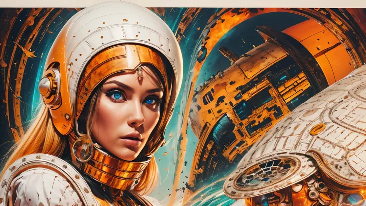 arafed image of a white woman in a futuristic suit with a spaceship in the background, movie art, in front of an orange background, inspired by Robert McGinnis, female protagonist, megastructure in the background, portrait of an ai astronaut, astronauts, a...