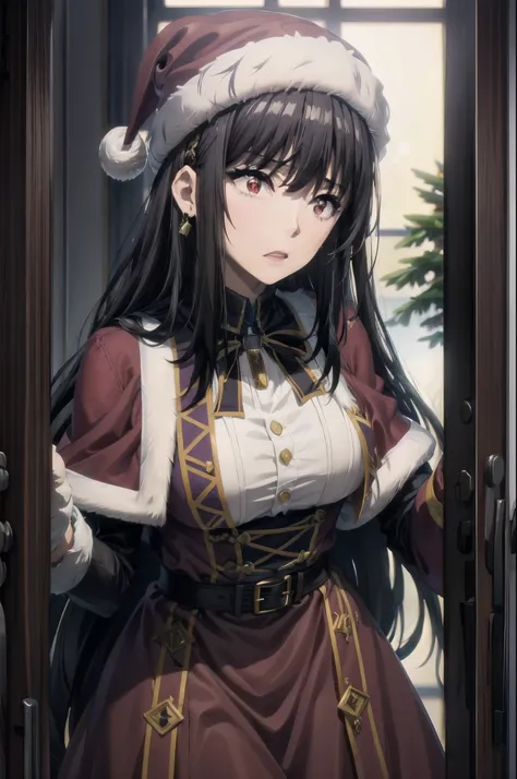 1girl,black hair,red eyes,medium breast,narrow waist,, long hair, blush, red capelet, christmas, santa dress, capelet, dress, fur-trimmed capelet, santa costume, santa hat, red dress, red headwear, bangs, breasts, fur-trimmed dress, hat, fur trim, upper bo...