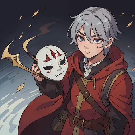 (((masterpiece))), (((best quality))), illustration, single character, game character, rpg character, only one character, male masked bard, medieval teather mask, drop of blood under the eyes, medieval dark red clothes, medieval bard, white mask covering t...