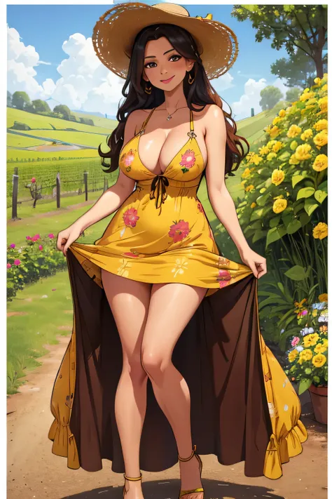 portrait of a chocolate haired mature girl milf in a patterned yellow sundress, wearing straw-hat with flowers, vineyard background, (masterpiece), hi-res, highly detailed, cleavage, smile, show thong, focus thong, cameltoe, lift dress, full body,
