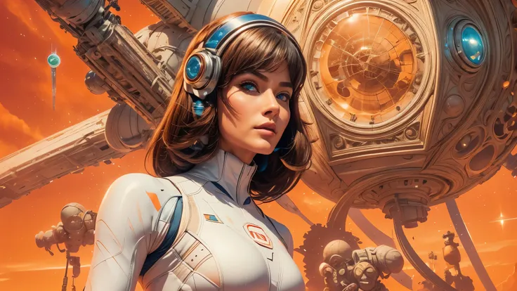 arafed image of a white woman in a futuristic suit with a spaceship in the background, movie art, in front of an orange background, inspired by Robert McGinnis, female protagonist, megastructure in the background, portrait of an ai astronaut, astronauts, a...