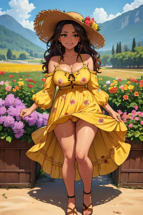 portrait of a chocolate haired mature girl milf in a patterned yellow sundress, wearing straw-hat with flowers, vineyard background, (masterpiece), hi-res, highly detailed, cleavage, smile, show thong, focus thong, cameltoe, lift dress, full body,
