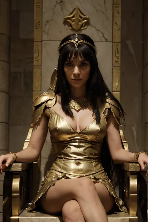 Cleopatra very angry, brava, roupa de rainha, vestido longo, sentada em um trono de rainha, extremamente zangada