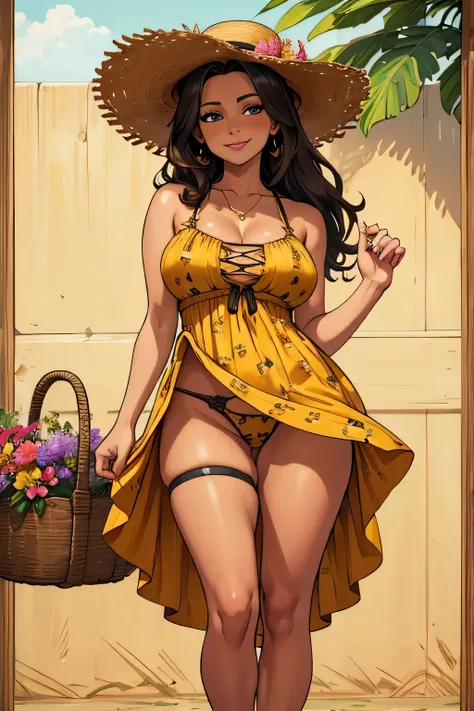 portrait of a chocolate haired mature girl milf in a patterned yellow sundress, wearing straw-hat with flowers, vineyard background, (masterpiece), hi-res, highly detailed, cleavage, smile, show thong, focus thong, cameltoe, lift dress, full body,
