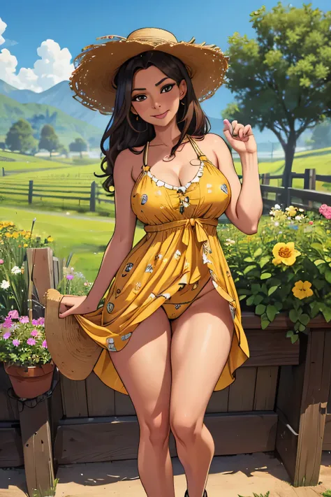 portrait of a chocolate haired mature girl milf in a patterned yellow sundress, wearing straw-hat with flowers, vineyard background, (masterpiece), hi-res, highly detailed, cleavage, smile, show thong, focus thong, cameltoe, lift dress, full body,
