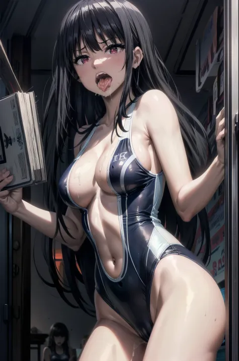 1girl,black hair,red eyes,medium breast,narrow waist,masterpiece,best quality,highres,ultra-detailed,aamitsuri,long hair,,bangs,cleavage,school swimsuit,blue swimsuit, swimsuit,one-piece swimsuit,ahg rolling eyes tongue (((blusch,pleasure,orgasm,holding ba...