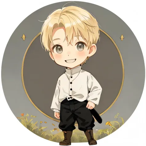 chibi boy, in ghibli style, blonde, gray eyes, bright smile, in medieval white shirt and dark pants, no background