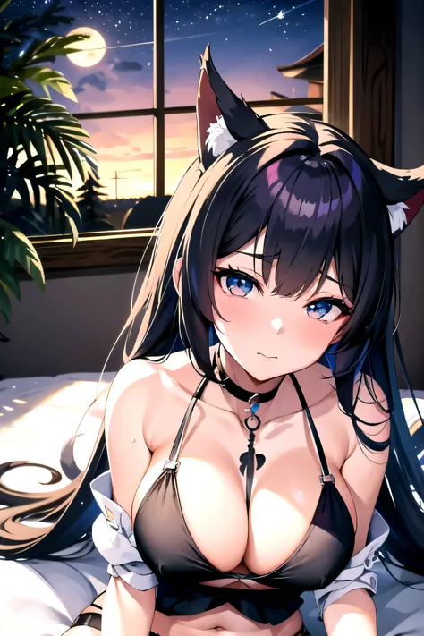 anime girl in a black bra top and blue skirt sitting on a bed, ayaka genshin impact, anime moe artstyle, seductive anime girl, nightcore, ayaka game genshin impact, hestia, from the azur lane videogame, beautiful anime catgirl, very beautiful anime cat gir...