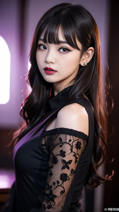 tra-detailed、Japanese、Attractive beauty、seductive adult woman、Pretty Woman、cool girl、brown hair、wavy hair、swept bangs、piercing eyes、hollow eyes、half-closed eyes、Hollow Eyes、Purple Eyeshadow、black lipstick、black lip gloss、dark makeup、smirk、Whisper in my ear...