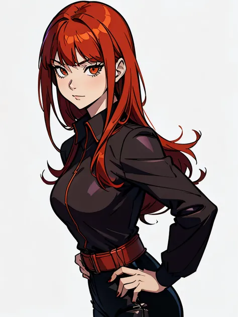 a close up of a woman with long red hair wearing a black shirt, marin kitagawa fanart, red waist-long hair, ilya kuvshinov with long hair, she has long redorange hair, anime style character, she has red hair, official character art, female anime character,...