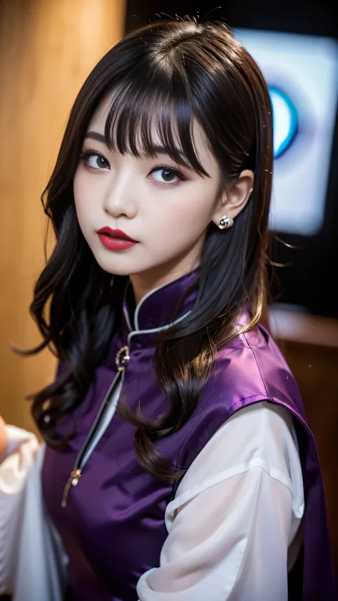 tra-detailed、Japanese、Attractive beauty、seductive adult woman、Pretty Woman、cool girl、brown hair、wavy hair、swept bangs、piercing eyes、hollow eyes、half-closed eyes、Hollow Eyes、Purple Eyeshadow、black lipstick、black lip gloss、dark makeup、smirk、Whisper in my ear...