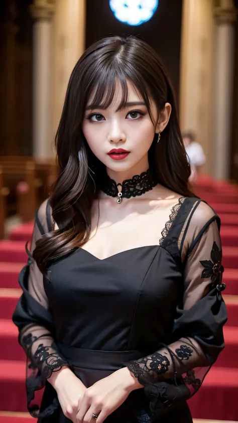 tra-detailed、Japanese、Attractive beauty、seductive adult woman、Pretty Woman、cool girl、brown hair、wavy hair、swept bangs、piercing eyes、hollow eyes、half-closed eyes、Hollow Eyes、Purple Eyeshadow、black lipstick、black lip gloss、dark makeup、smirk、Whisper in my ear...