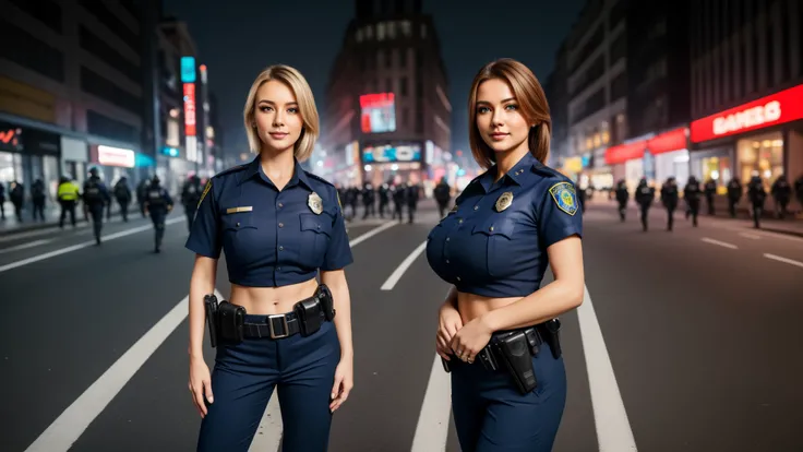 masterpiece,best qualtiy,hdr, hyper HD, 8K,Bokeh,Ultra-fine painting,Sharp focus,Physically-based rendering,Extreme detail description,portraitures,full-body photo，three Female police officers in a very tight buttoned uniform, leaning forward at viewer, (s...