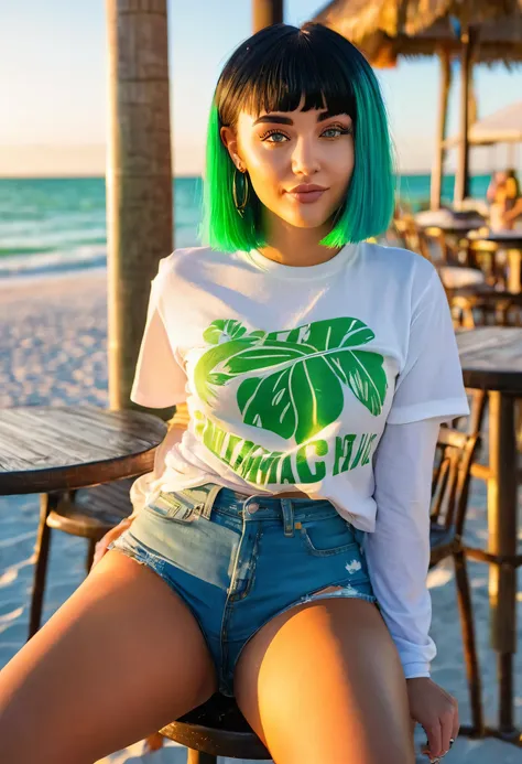 A ((full body photo)) of a young woman with short, straight black hair, ((focus on her dyed green hair from the middle)), styled with bangs , blue eyes. She is seated  on a chair of a beach bar  of Miami Beach, dressing a short pants and t shirt , at Miami...