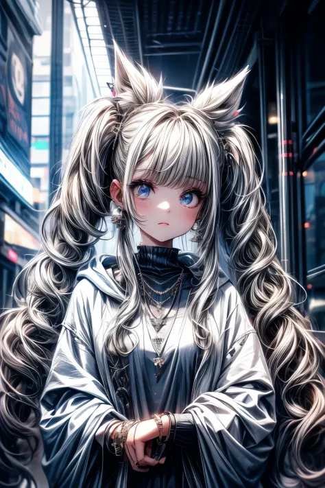 , huge, Twin tails, Silver Hair, hoodie, Vintage Gothic, Pause, cute, Look up, high quality, necklace, ring, bracelet, Earrings