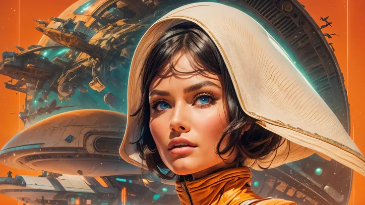 arafed image of a white woman in a futuristic suit with a spaceship in the background, movie art, in front of an orange background, inspired by Robert McGinnis, female protagonist, megastructure in the background, portrait of an ai astronaut, astronauts, a...