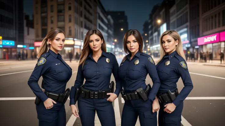 masterpiece,best qualtiy,hdr, hyper HD, 8K,Bokeh,Ultra-fine painting,Sharp focus,Physically-based rendering,Extreme detail description,portraitures,full-body photo，three Female police officers in a very tight buttoned uniform, leaning forward at viewer, (s...