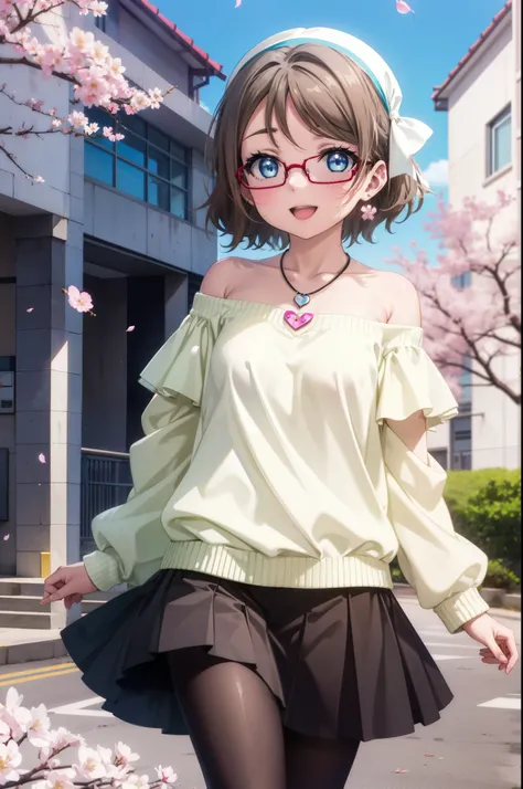 Yowatanabe, Watanabe Yo, short hair, blue eyes, brown hair, Black-rimmed glasses,hair band,Heart Necklace,Off-the-shoulder sweater,Bare shoulders,Bare neck,bare clavicle,Long skirt,Black pantyhose,short boots,Cherry blossoms are blooming,Cherry blossoms ar...