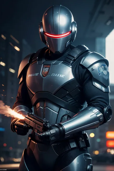 Best quality, high resolution, Masterpiece: 1.3, Robotic figure of Robocop, Police officer, Bionic armor, Futuristic cyberpunk cityscape (2500), Robotic body, Technologically advanced, Ultra modern technology, Police uniform, Helmet, Detailed textures, Shi...