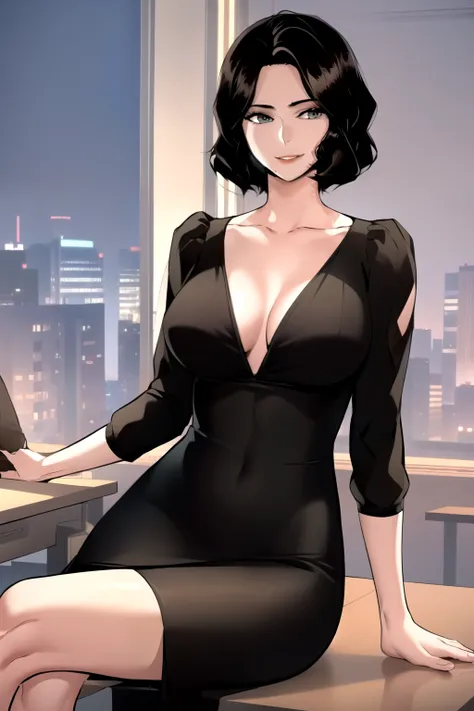 masterpiece, best quality, perfect anatomy, beautiful background, beautiful face, beautiful eyes, beautiful body, full body, shin jiye, 1girl, solo, smiling, short hair, large breasts, black hair, lying down on office table, legs crossed, collarbone, mole,...