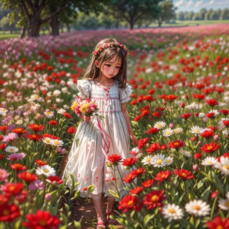 there is a little girl in a red and white dress holding a bouquet, girl in flowers, picking flowers, holding flowers, picking up a flower, girl standing in flower field, girl standing in a flower field, flowers on heir cheeks, girl in a flower field, portr...