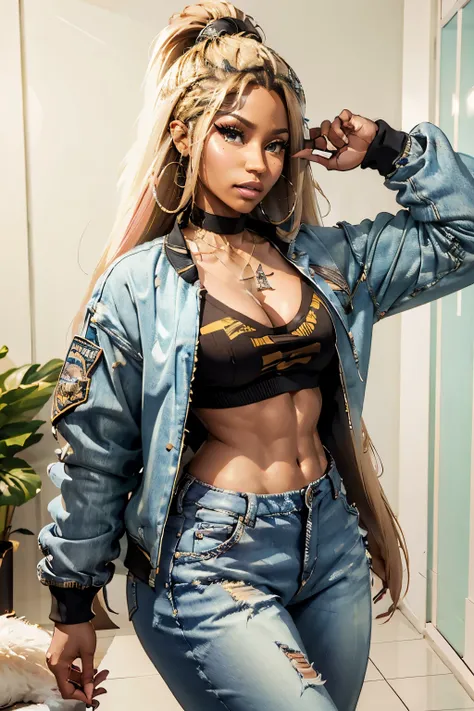 (obra de arte), (melhor qualidade), ((Nicki Minaj)), inventar, (brown-skinned female), ((seios pequenos:1:1)), ((gordinho)), cabelo com franja, jaqueta bomber, camiseta, Jeans rasgado, joia, colar, Jeans rasgado, decote profundo, moda ((fundo cinza)), cont...