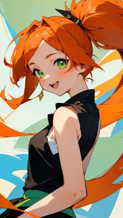 masterpiece、highest quality、1 girl、anime painting、Orange Hair、beautiful green eyes、Side Ponytail、Sleeveless shirt、Black Skirt、Upper body close-up、From the side、smile、Open your mouth、Sharp contours