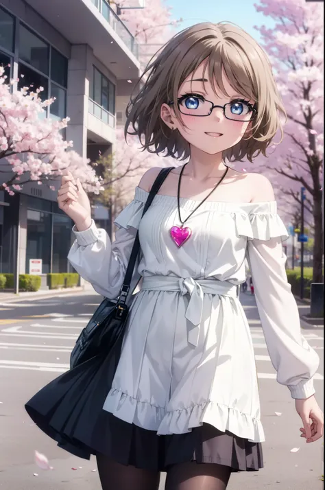 Yowatanabe, Watanabe Yo, short hair, blue eyes, brown hair, Black-rimmed glasses,hair band,Rocket Pendant,Off-the-shoulder sweater,Bare shoulders,Bare neck,bare clavicle,Long skirt,Black pantyhose,short boots,Cherry blossoms are blooming,Cherry blossoms ar...