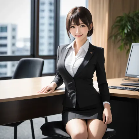 Realistic,Japanese, One girl,Sitting,business dress,Pencil Skirt,smile,big breasts,View your viewers,At work,Towards the big window,Over the table