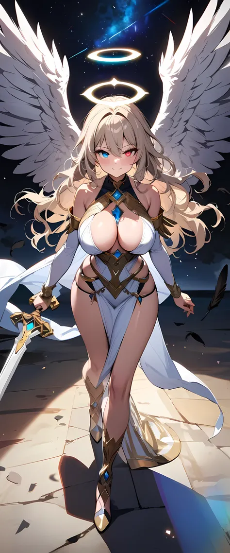 (masterpiece), best quality, expressive eyes, perfect face,1girl,big breasts,platinum blonde hair,wavy hair,(heterochromia,left red eye,right blue eye),holding weapon,holy sword,divine clothes,valkyrie goddess,black and wing wings, black feathers cover the...