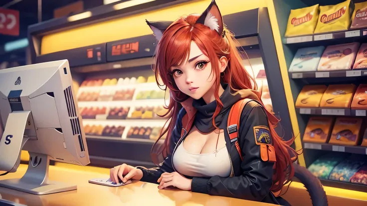 A cashier girl sexy in a pet shop; The image has bright color, from a video game, very attractive picture and a cat in the shop.