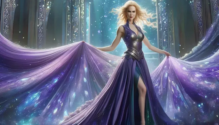 ((Nicole Kidman, (22 anos), de corpo inteiro), The skirt is long to the floor)), usando vestido longo Ametista, usando uma coroa e segurando uma espada, um anjo majestoso de corpo inteiro, uma linda maga celestial, inspirado em Lan Ying, uma fada de corpo ...