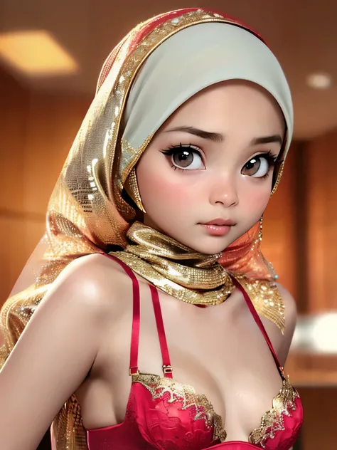 Very Thin body (Wearing Bra Lingerie), (((HIJAB MALAY GIRL))), masutepiece, High quality, UHD 32K, Realistic face, Realistic skin feeling , A Malay Lady, 8 years old, , Very cute and baby-like face, (((FLAT CHEST))), (MATRIX WORLD), ((look In front  at the...