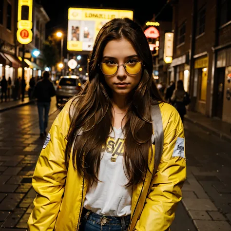 20-year-old girl with long brown hair with yellow glasses and a silver bracelet in a brick-colored jacket, las luces de la calle le dan de costado y los autos le pasan por los lados a una velocidad leve 