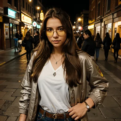 20-year-old girl with long brown hair with yellow glasses and a silver bracelet in a brick-colored jacket, las luces de la calle le dan de costado y los autos le pasan por los lados a una velocidad leve 