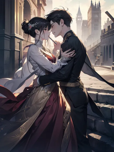 official art, unity 8k wallpaper, ultra detailed, beautiful and aesthetic, High quality, beautiful, masterpiece, best quality, a male muscular warrior arm veins, kissing a princess, (kissing), hugging, romantic, love, fantasy, castle