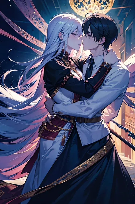 official art, unity 8k wallpaper, ultra detailed, beautiful and aesthetic, High quality, beautiful, masterpiece, best quality, a male muscular warrior arm veins, kissing a princess, (kissing), hugging, romantic, love, fantasy, castle