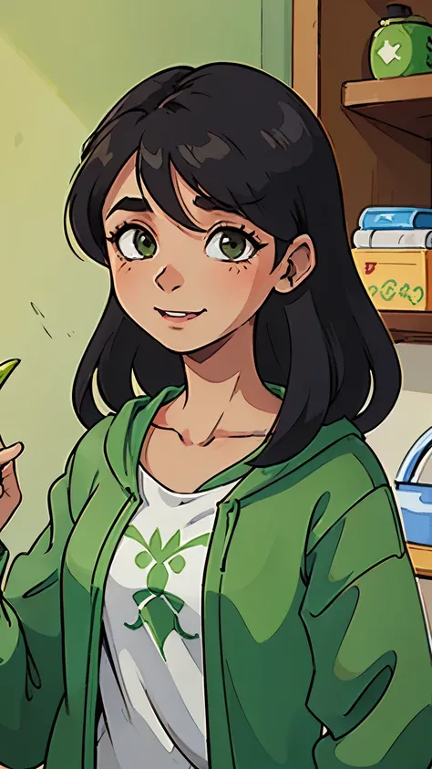 Crie uma garota, with hair down to the neck, your hair is black with some green strands, your sweatshirt is also green, your left eye is green and your right is blue, with a cheerful and happy expression.